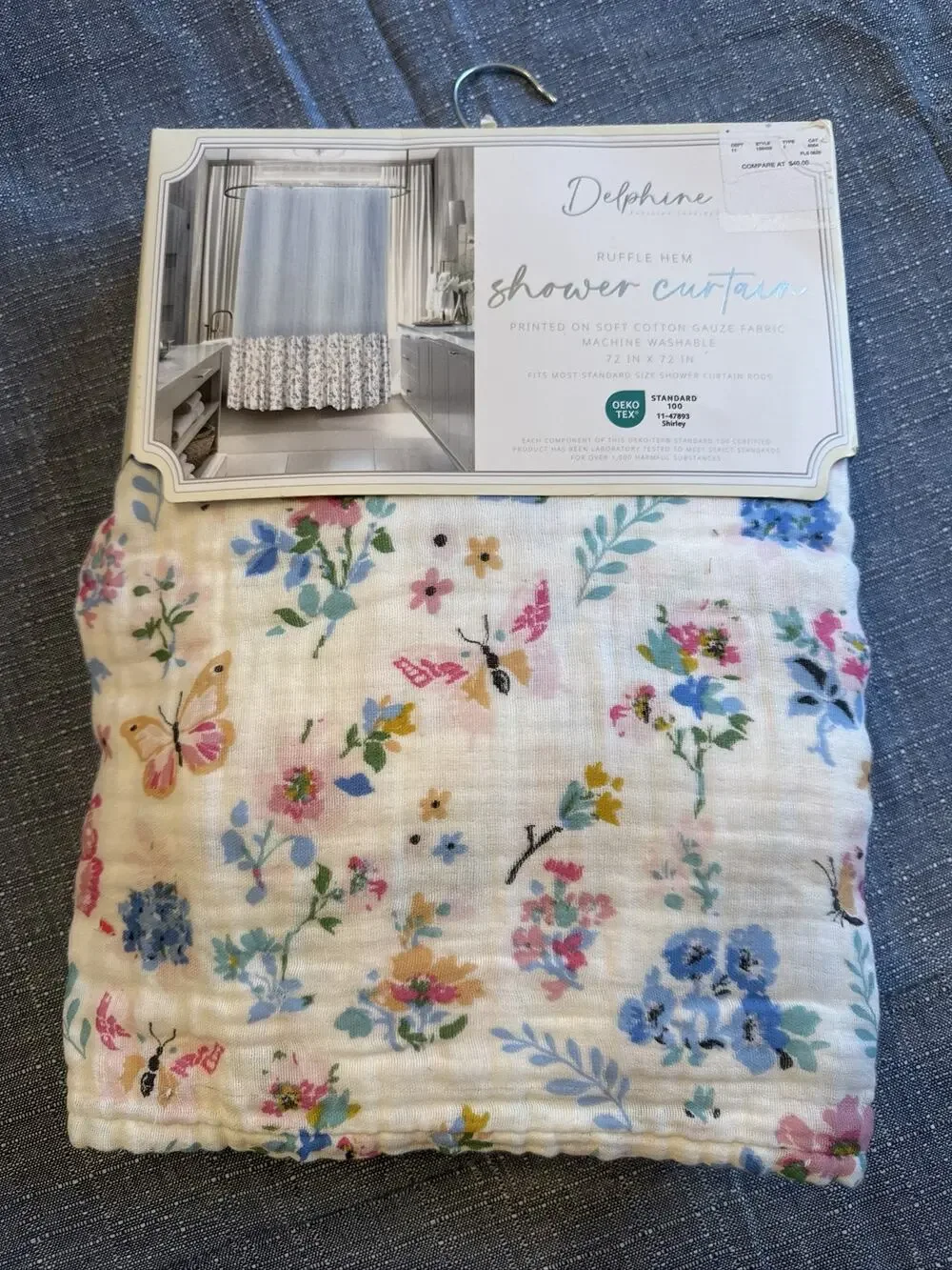 Cotton Gauze Shower Curtain 72x72 White Blue Floral Butterfly Ruffle Hem cottage